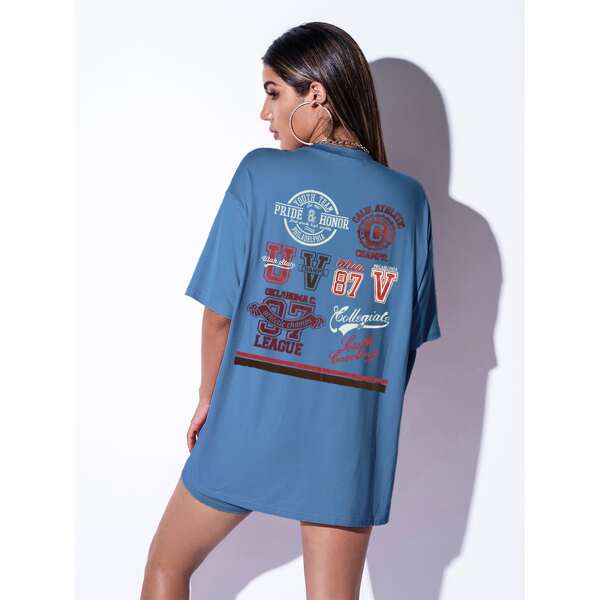 

Letter & Geo Graphic Oversized Longline Tee, Blue