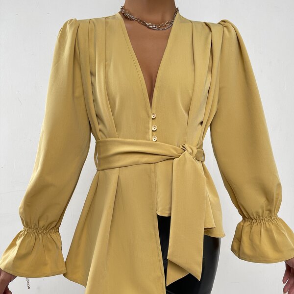 

Ruched Flounce Sleeve Belted Asymmetrical Hem Blouse, Yellow