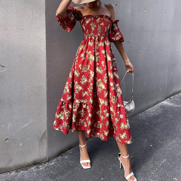 

Floral Print Off Shoulder Shirred Bodice Bell Sleeve Ruffle Hem Dress, Burgundy