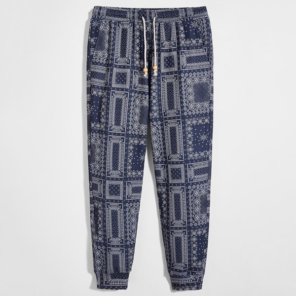 

Men Scarf Print Drawstring Waist Sweatpants, Navy blue