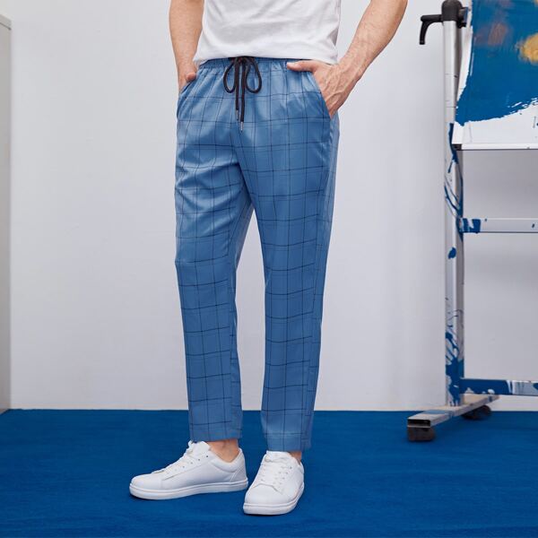 

Men Plaid Slant Pocket Drawstring Pants, Blue