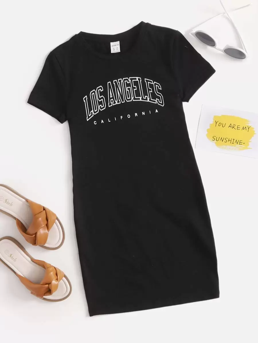 SHEIN Tween Girl Letter Graphic Tee Dress - Black - View 1
