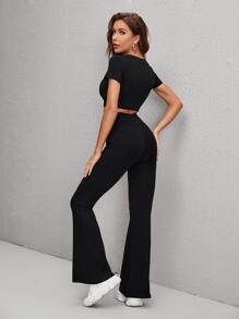 SHEIN Essnce 素色上衣和喇叭褲 - 黑色 - 查看 2