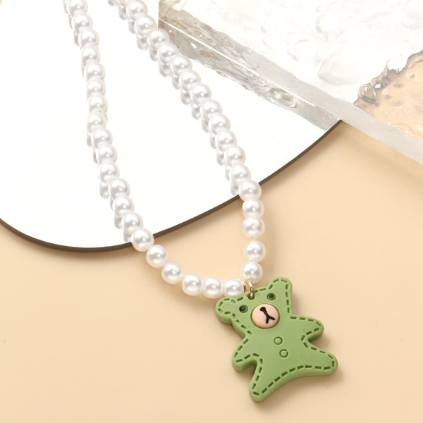 

Cartoon Bear Charm Beaded Necklace, White