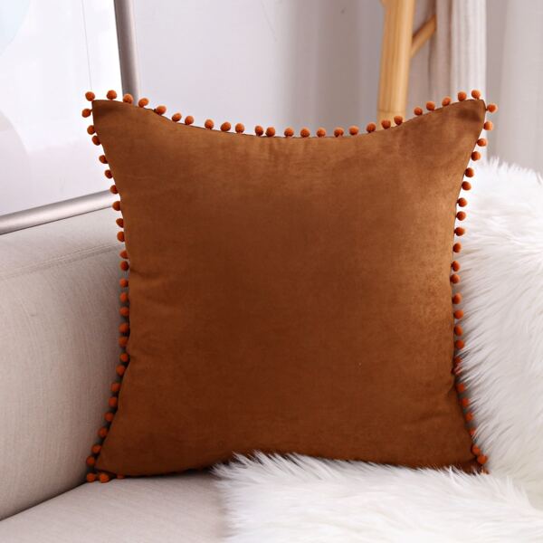 

1pc Suede Pom-pom Decor Cushion Cover Without Filler, Brown