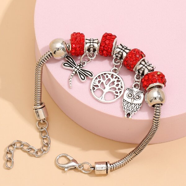 

Owl & Dragonfly Charm Bracelet, Red