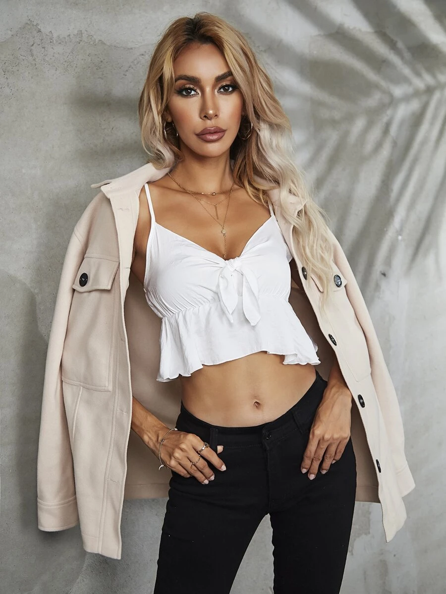 SHEIN Privé Ruffle Hem Knot Detail Cami Top - Light Grey - View 1