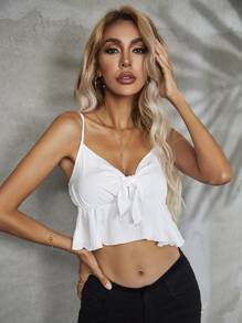 SHEIN Privé Ruffle Hem Knot Detail Cami Top - Light Grey - View 5