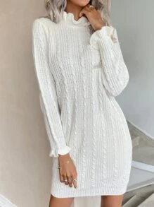 Ruffle Trim Cable Knit Jumper Dress - White - View 4