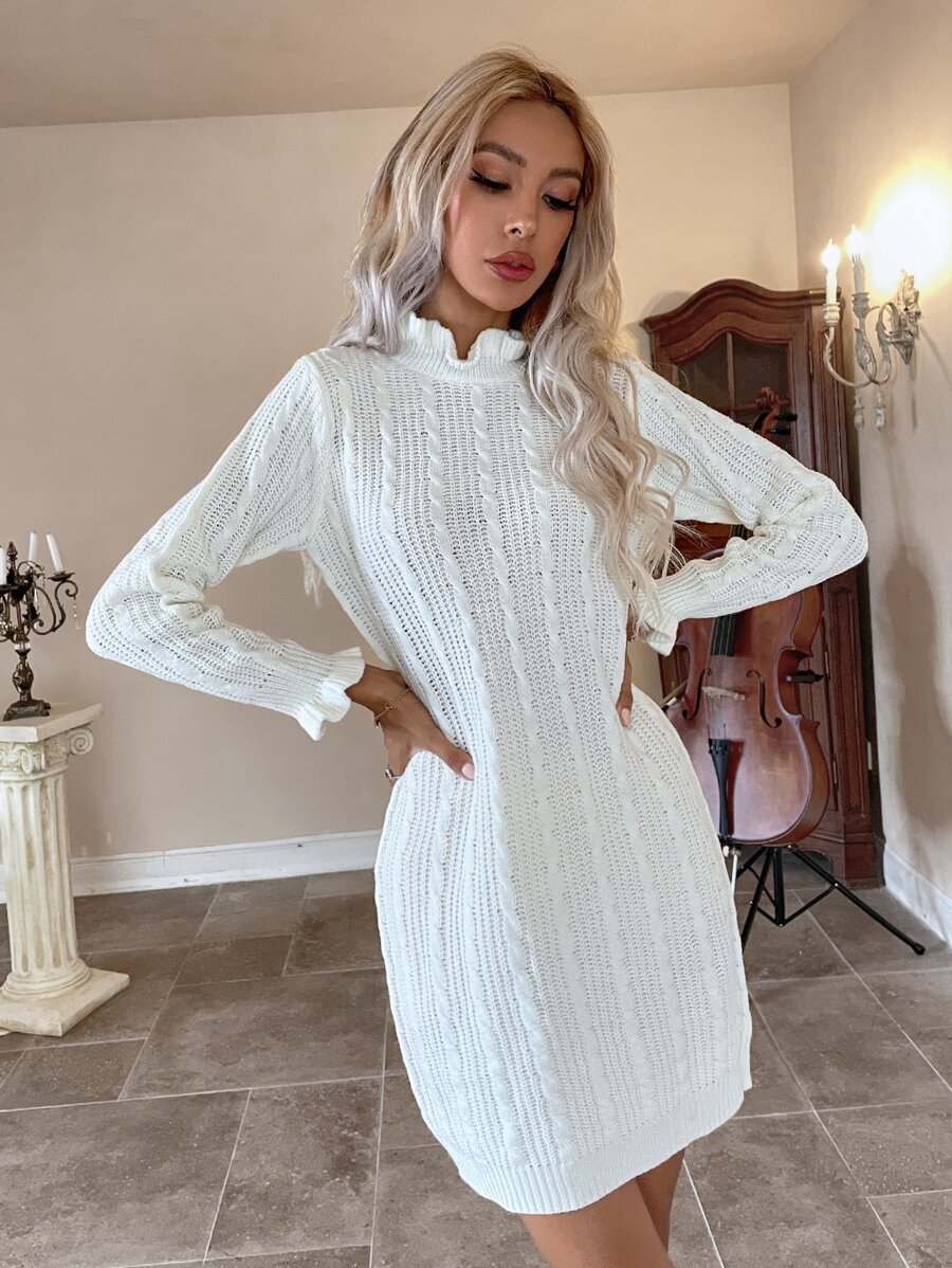 Ruffle Trim Cable Knit Jumper Dress - White - View 1