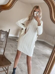 Ruffle Trim Cable Knit Jumper Dress - White - View 5