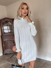 Ruffle Trim Cable Knit Jumper Dress - White - View 6