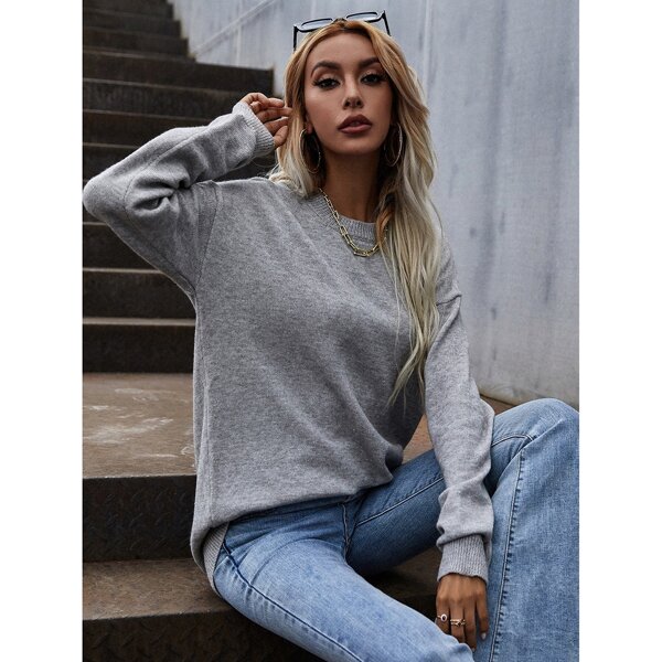

Drop Shoulder Heathered Knit Sweater, Light grey