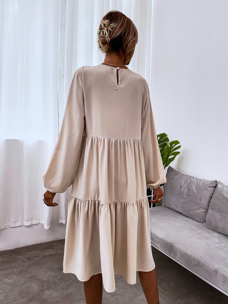 SHEIN LUNE Blouson Sleeve Keyhole Back Smock Dress - Apricot - View 3