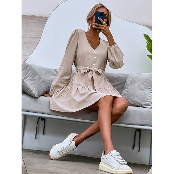 

Button Detail Lantern Sleeve Belted Dress, Beige