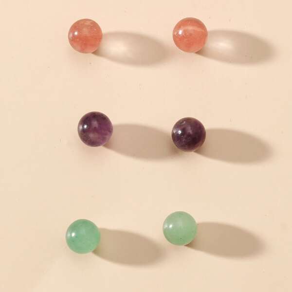 

3pairs Round Stone Decor Stud Earrings, Multicolor