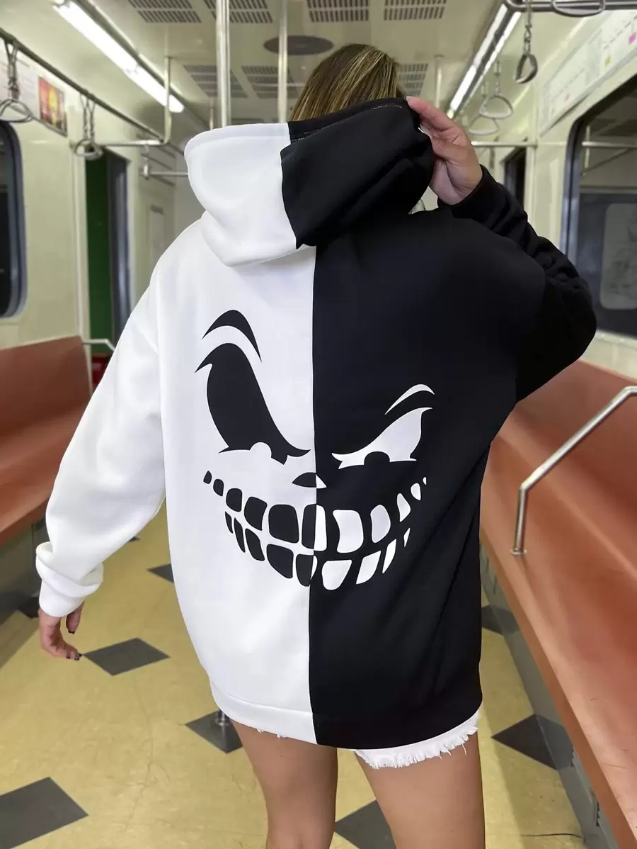 SHEIN Unity Two Tone Halloween Print Drawstring Hoodie - Black and White - View 1