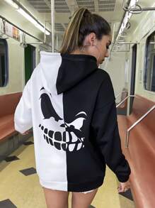 SHEIN Unity Two Tone Halloween Print Drawstring Hoodie - Black and White - View 3