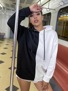 SHEIN Unity Two Tone Halloween Print Drawstring Hoodie - Black and White - View 6