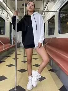 SHEIN Unity Two Tone Halloween Print Drawstring Hoodie - Black and White - View 7