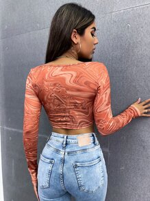 SHEIN Unity 大理石圖案前繫帶短款上衣 - 彩色 - 查看 2