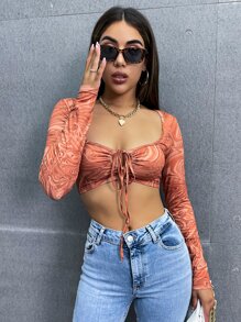 SHEIN Unity 大理石圖案前繫帶短款上衣 - 彩色 - 查看 5