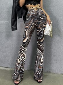 SHEIN Unity Marble Print Knot Back Waist Flare Leg Trousers - Multicolor - View 1
