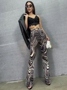 SHEIN Unity Marble Print Knot Back Waist Flare Leg Trousers - Multicolor - View 5