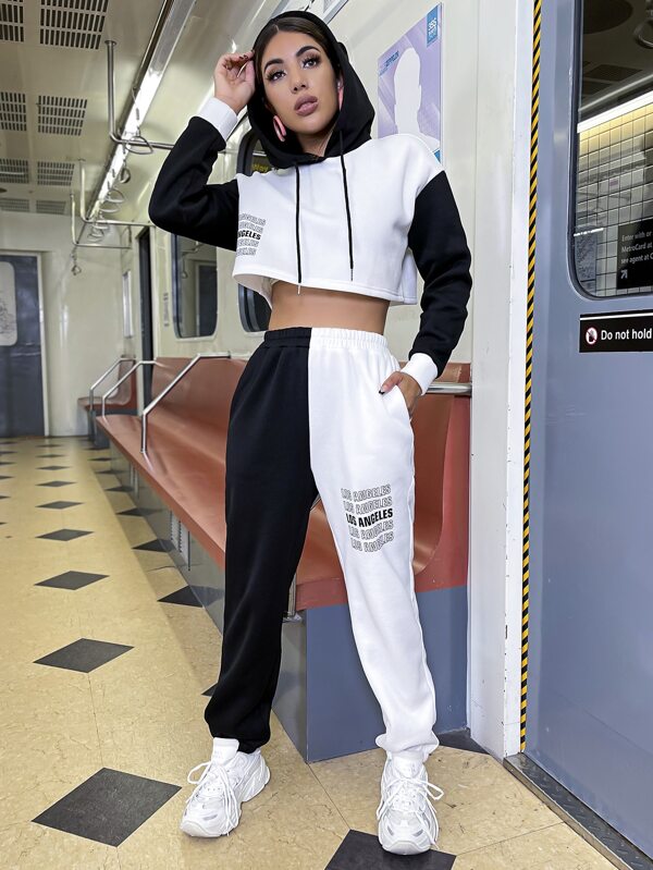 SHEIN Unity Letter Graphic Colourblock Drop Shoulder Drawstring Hoodie & Joggers Set