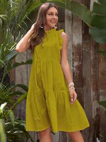 Solid Ruffle Trim Smock Dress - Olive Green - View 1