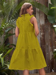 Solid Ruffle Trim Smock Dress - Olive Green - View 2