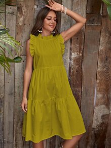 Solid Ruffle Trim Smock Dress - Olive Green - View 3