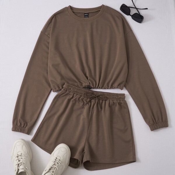 

Solid Drawstring Sweatshirt With Shorts, Coffee brown