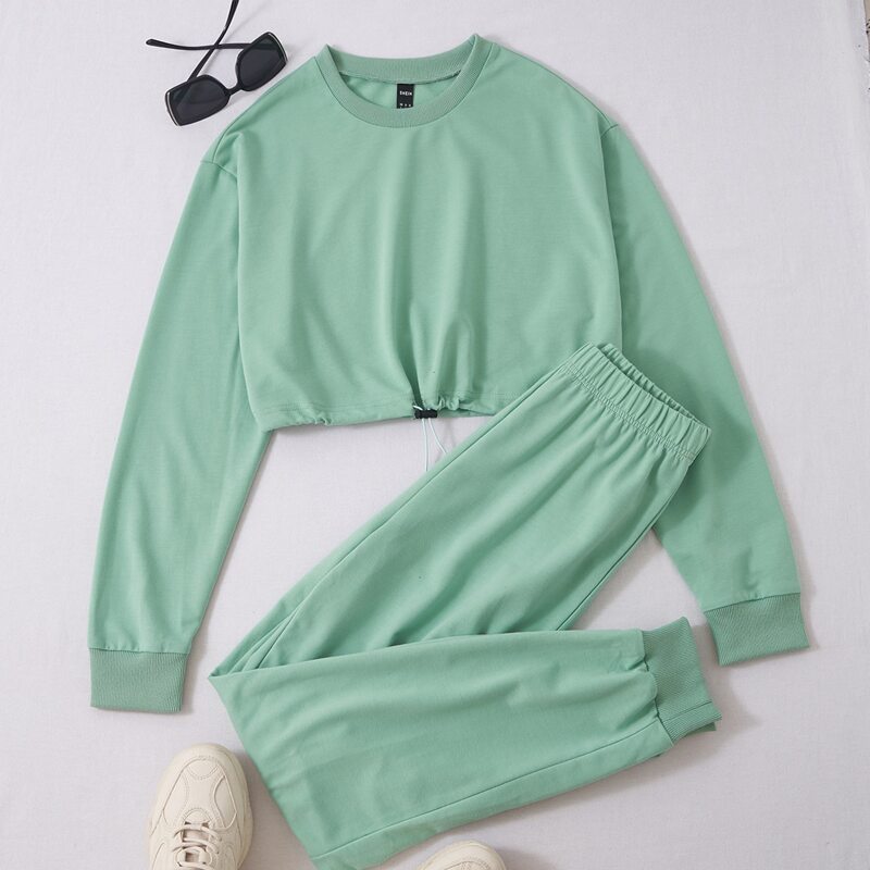 

Solid Drawstring Crop Top & Pants, Mint green