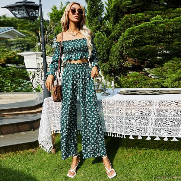 

Off Shoulder Floral Print Shirred Bodice Top & Pants, Dark green