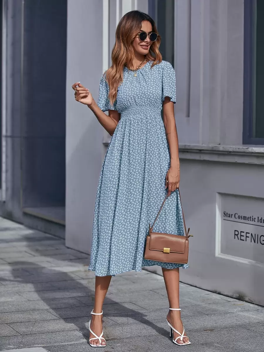 Chiquease 小碎花圖案打褶腰連衣裙 - 藍色 - 查看 1