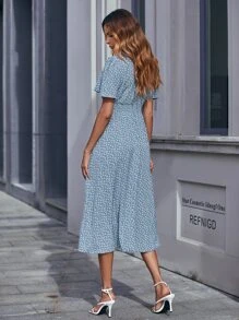 Chiquease 小碎花圖案打褶腰連衣裙 - 藍色 - 查看 2