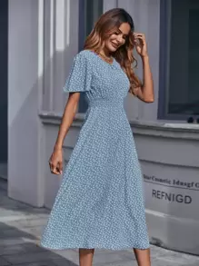 Chiquease 小碎花圖案打褶腰連衣裙 - 藍色 - 查看 3