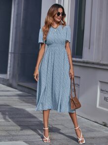 Chiquease 小碎花圖案打褶腰連衣裙 - 藍色 - 查看 5