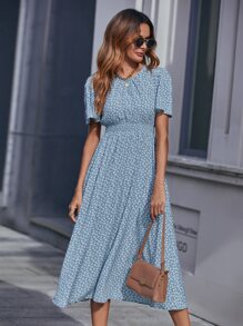 Chiquease 小碎花圖案打褶腰連衣裙 - 藍色 - 查看 6