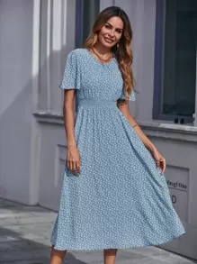 Chiquease 小碎花圖案打褶腰連衣裙 - 藍色 - 查看 7