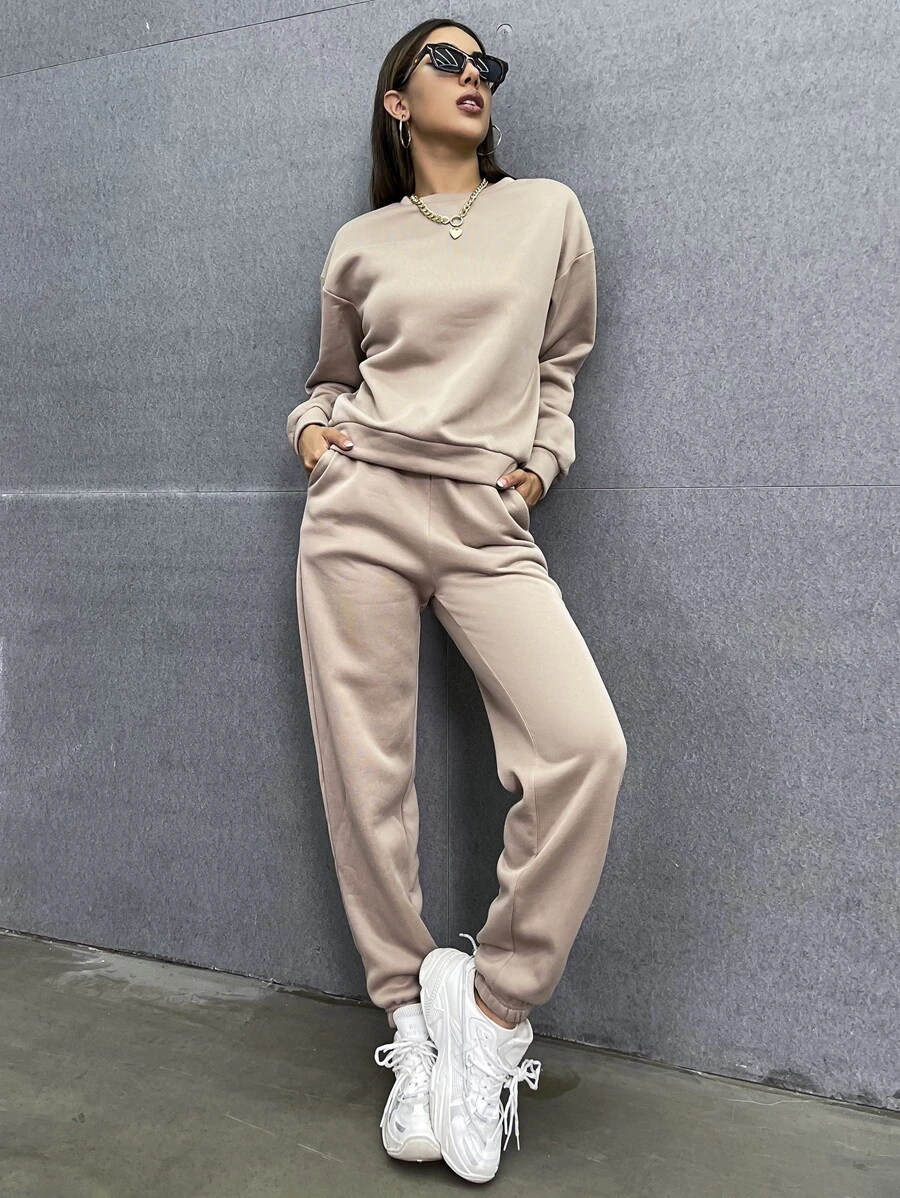 SHEIN Unity Solid Drop Shoulder Sweatshirt & Sweatpants - Mocha Brown - View 1
