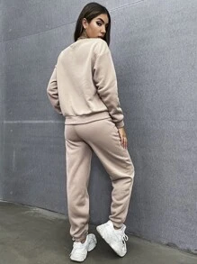 SHEIN Unity Solid Drop Shoulder Sweatshirt & Sweatpants - Mocha Brown - View 2