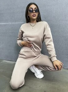 SHEIN Unity Solid Drop Shoulder Sweatshirt & Sweatpants - Mocha Brown - View 3