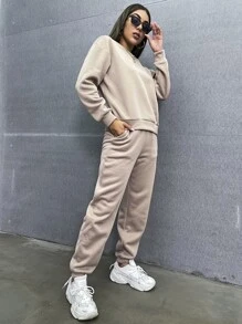 SHEIN Unity Solid Drop Shoulder Sweatshirt & Sweatpants - Mocha Brown - View 4