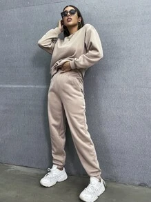 SHEIN Unity Solid Drop Shoulder Sweatshirt & Sweatpants - Mocha Brown - View 5