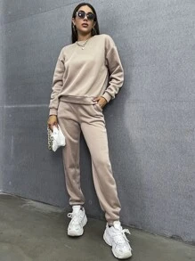 SHEIN Unity Solid Drop Shoulder Sweatshirt & Sweatpants - Mocha Brown - View 6