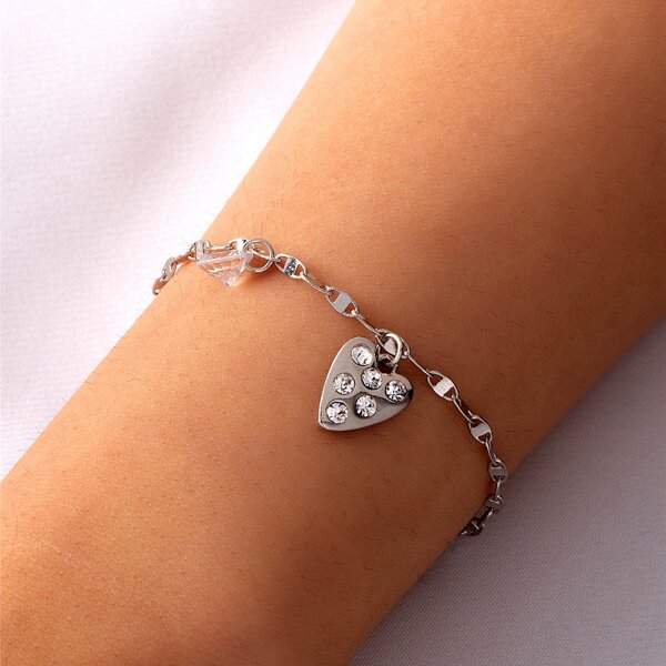 

Zircon & Heart Charm Bracelet, Silver