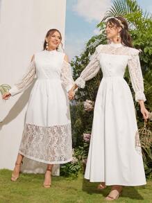 SHEIN Belle 蕾絲肩部荷葉袖洋裝