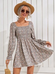 SHEIN VCAY Ditsy Floral Shirred Bodice Square Neck Dress - Multicolor - View 1